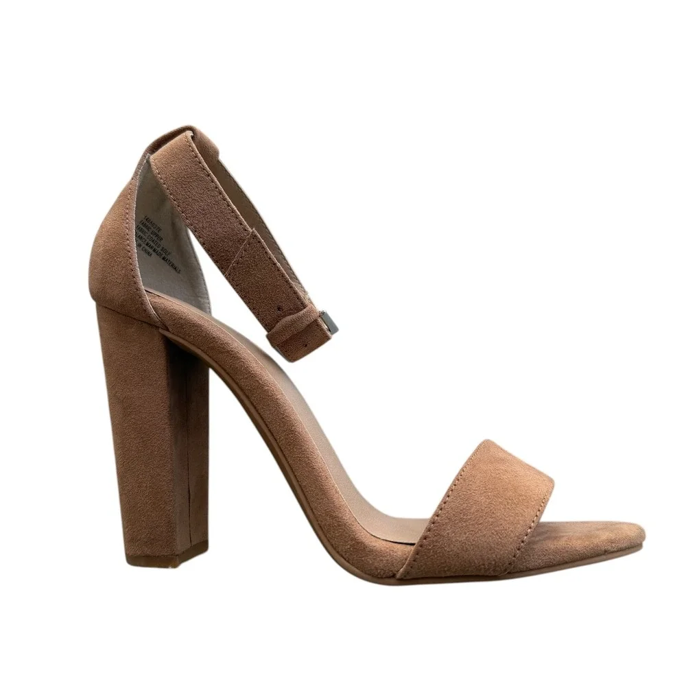 Torrid Women 9WW Camel Brown Faux Suede Two Strap Tapered Heel Sandal Minimalist